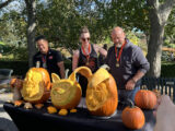 Three pumpkin carving competitors show off their creations on a sunny day