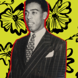 A black and white photo of a person in a suit and tie, superimposed over a yellow and black illustration of flowers