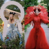 Juxtaposed images of a person with long blonde hair wearing a blue dress, peeking through an oversized keyhole, and a person posing in a vivid red dress among green garden plants