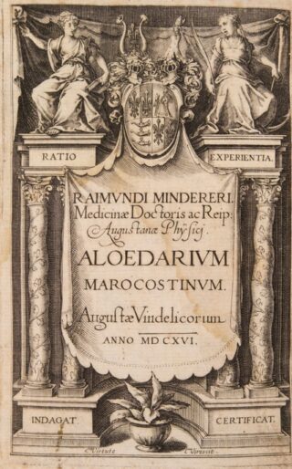 An old book page with a stamp illustrating two columns on either side, topped by statues of women. In the middle, a large tapestry hangs between the columns, inscribed with roman text.