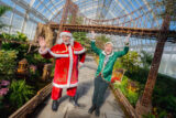 Two people dressed as Santa Claus and an elf in a green outfit pose for a photo beneath a miniature wooden bridge