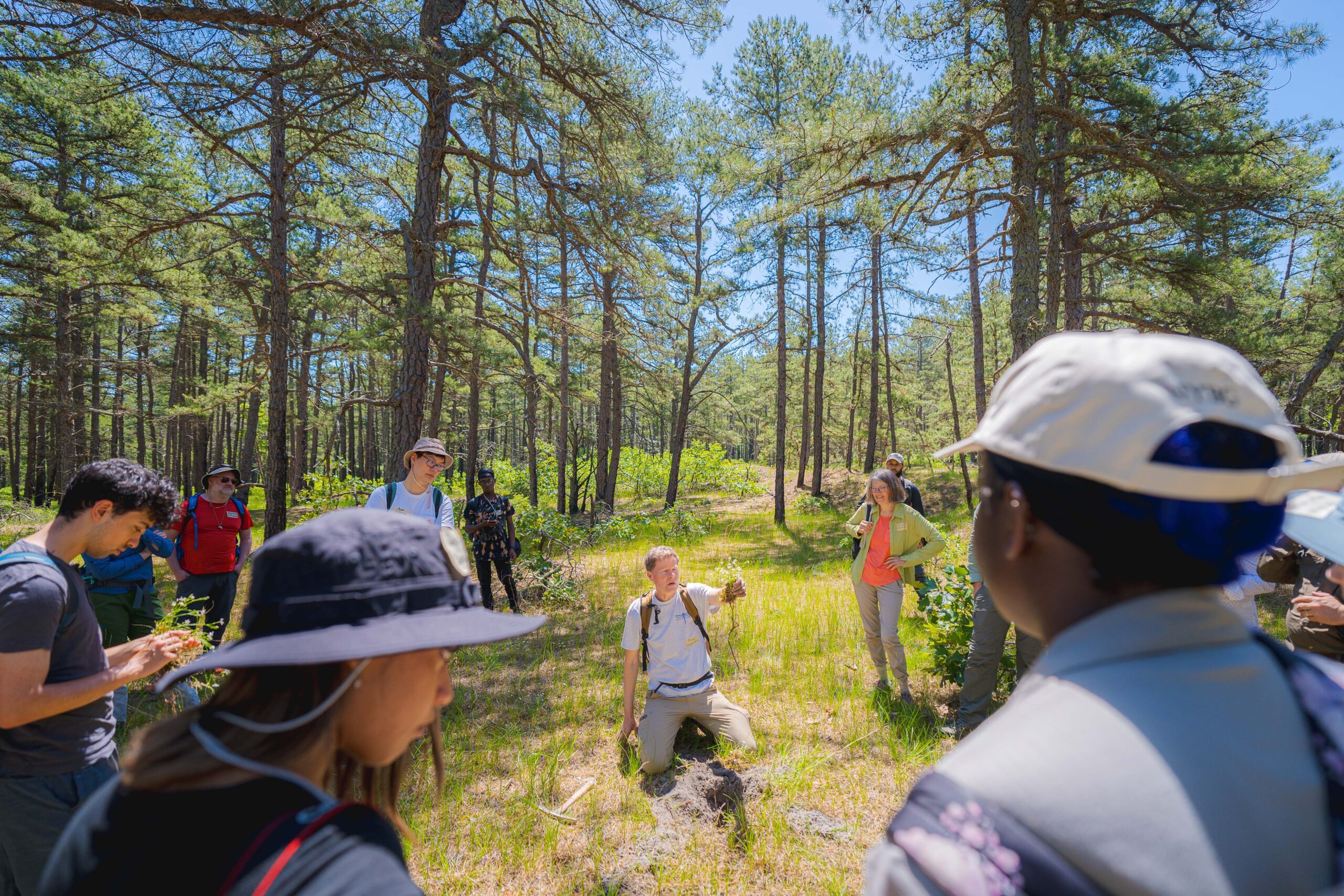 A scientist kneels in a forest with a plant in his hand, showing a group of researchers that encircle him.