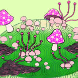 An illustration of pink and white mushrooms growing on a green hill