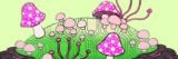 An illustration of pink and white mushrooms growing on a green hill