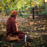 A person sitting cross-legged in a forest among falling leaves