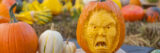 A collection of pumpkins in orange and white, with one displaying a menacing carven face