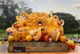 An enormous orange pumpkin has been carved into a monstrous, tentacled creature, reaching out to grasp smaller pumpkins around it