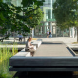 a person is sitting on the ledge of a walkway over a pond with tall green grass growing out of it. A glass building is in the background, and other people are walking in front of it.