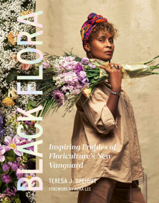 A book cover that reads "Black Flora," depicting a person in a brown work shirt and bandana posing with a bouquet of flowers