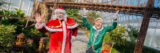 A person waves to the camera in a red Santa Claus suit with white curly hair and a hat. Next to him is a person in a green velvet jacket dressed as an elf with both hands extended above their head.