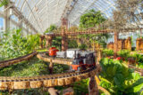 A model train travels along toy tracks through a sunny, verdant conservatory space