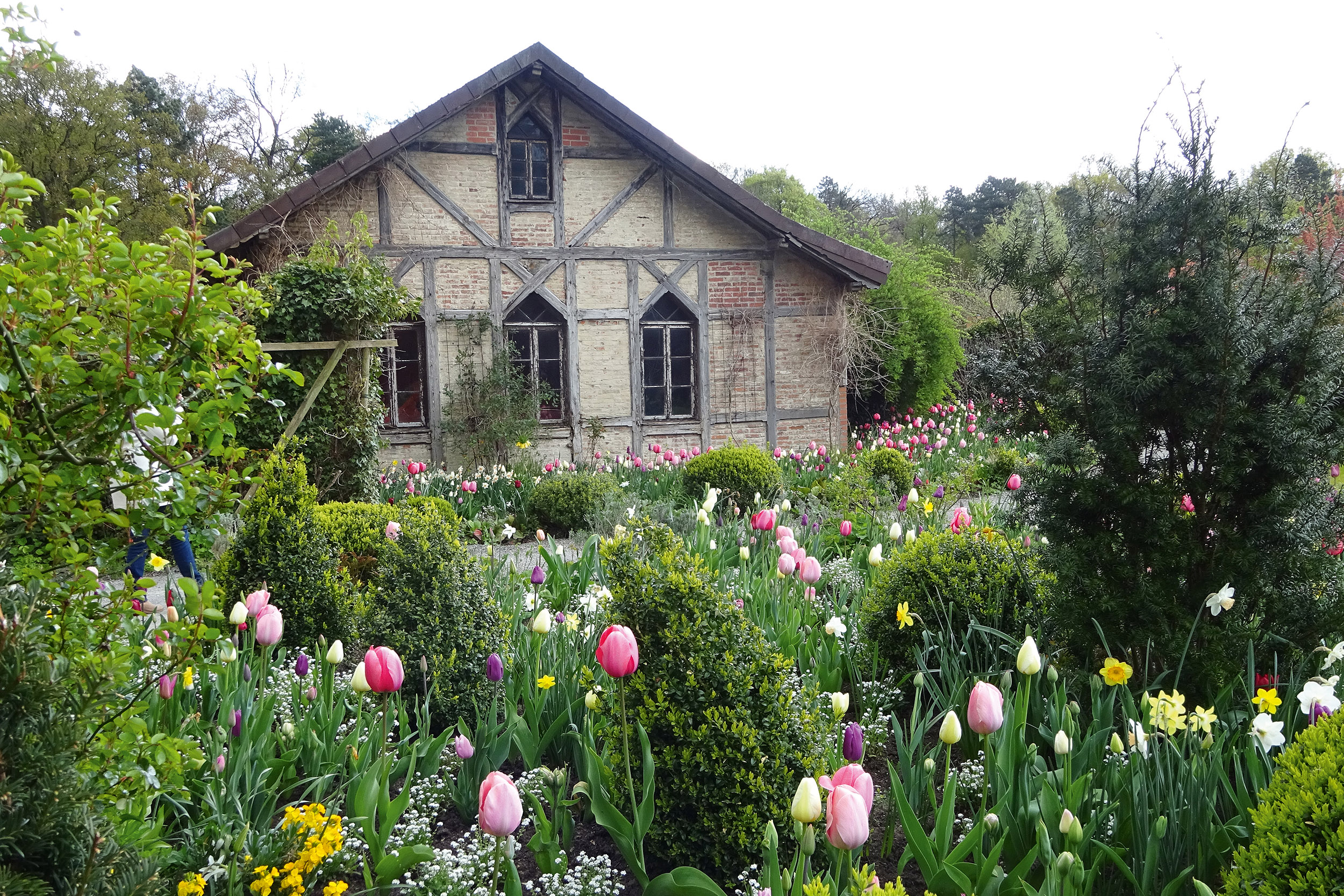 A classically designed European house sits among green foliage and pink flowers