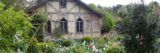 A classic villa on a landscape of pink and white tulips and green foliage