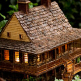 A small replica of a house with wooden shingles, glowing windows, and a wraparound porch made from twigs