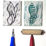 Artists tools and two homemade holiday cards depicting leaves