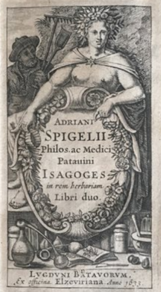 A black and white antique book cover page depicting a person holding a shield