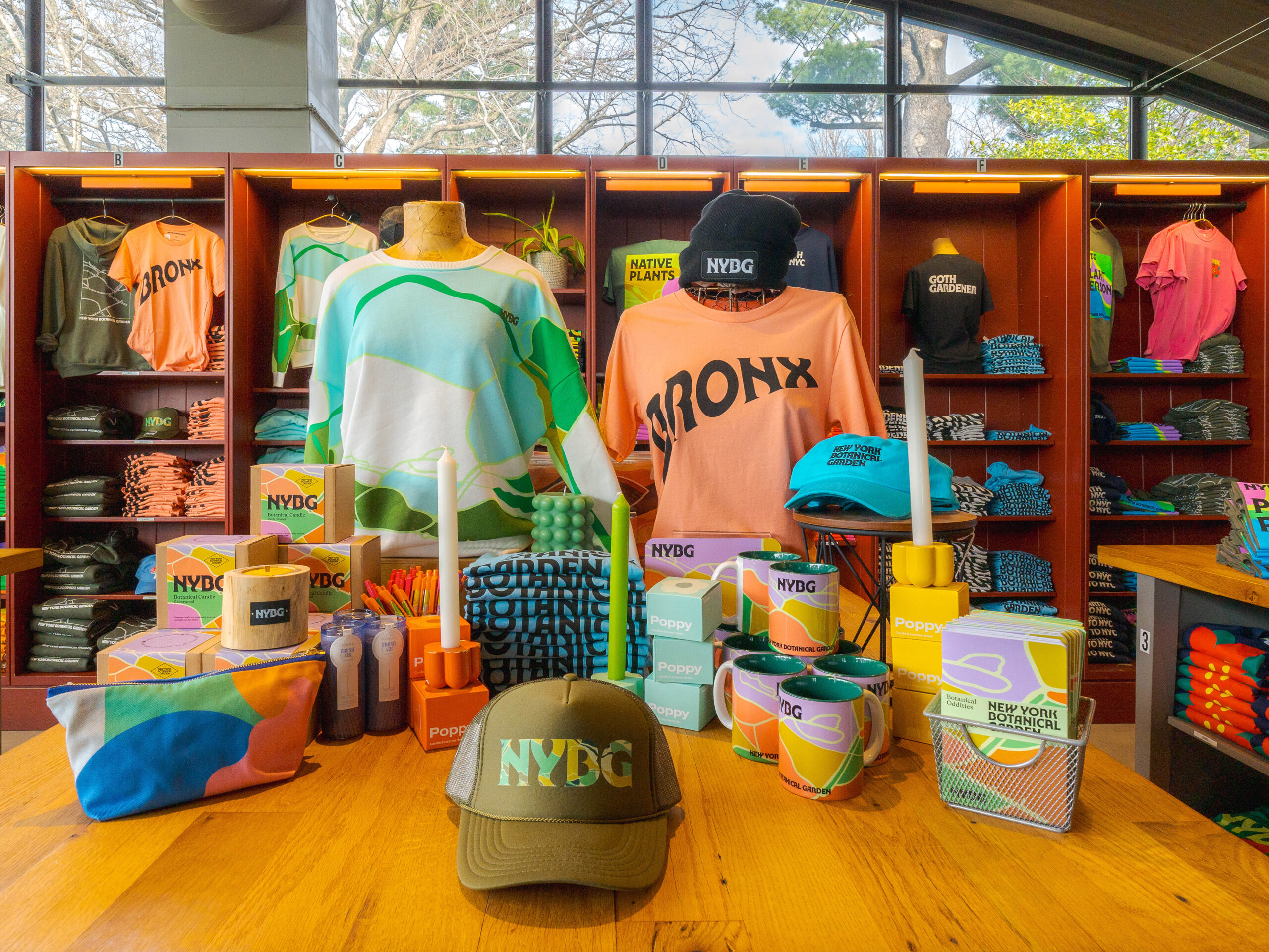 An arrangement of colorful merchandise in a shop setting