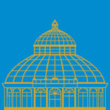 A gold illustration of a conservatory dome on a blue background