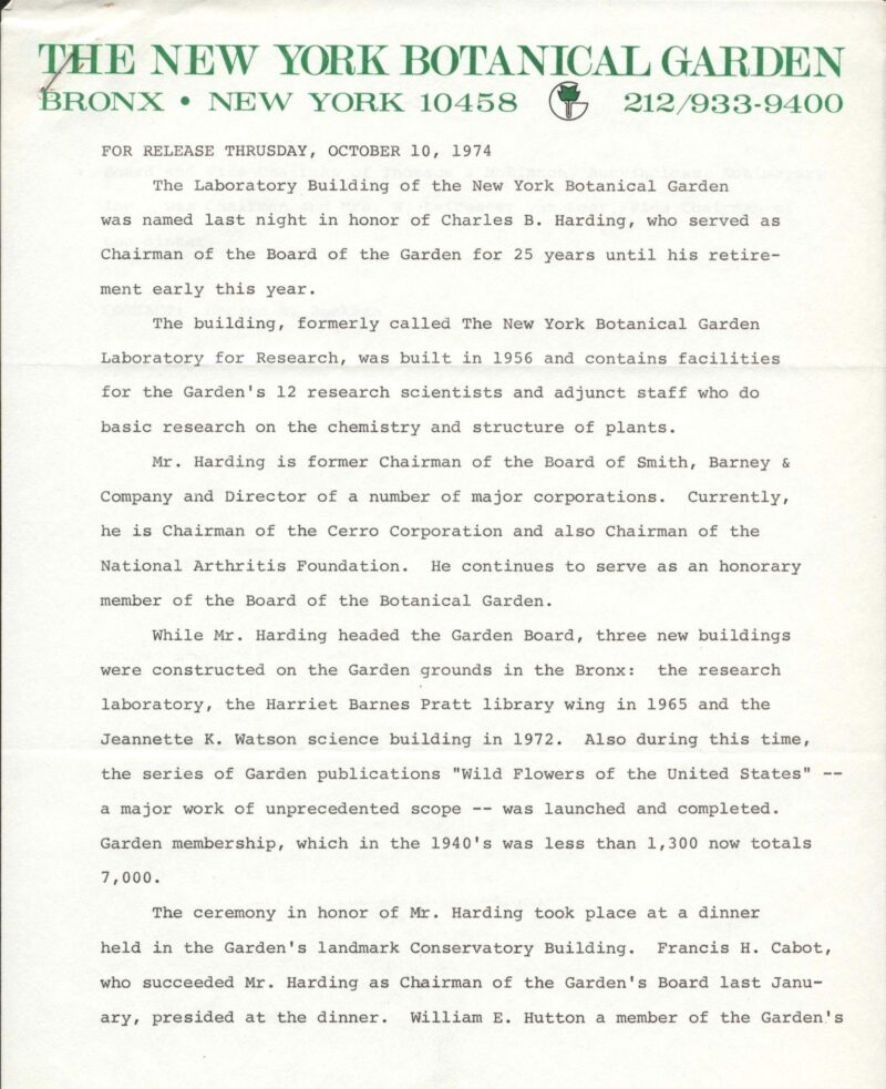 A scan of a document titled "The New York Botanical Garden"