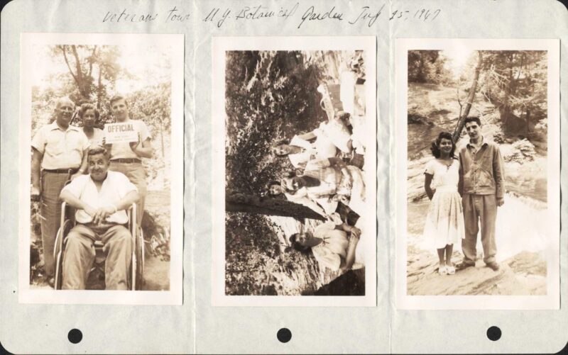 Three black and white photos of people posing in a garden