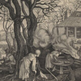 A black and white illustration of people preparing foods beneath a gnarled black tree