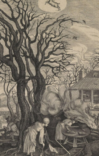 A black and white illustration of people preserving food outdoors beneath a gnarled black tree