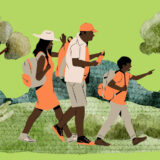 An illustration of a family in hiking gear exploring nature