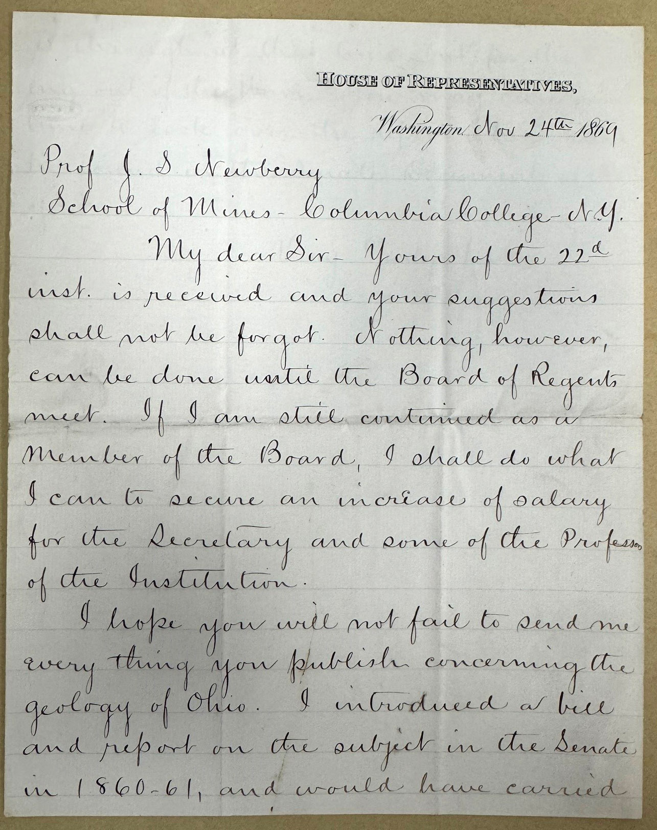 A letter written by U.S. Representative Garfield