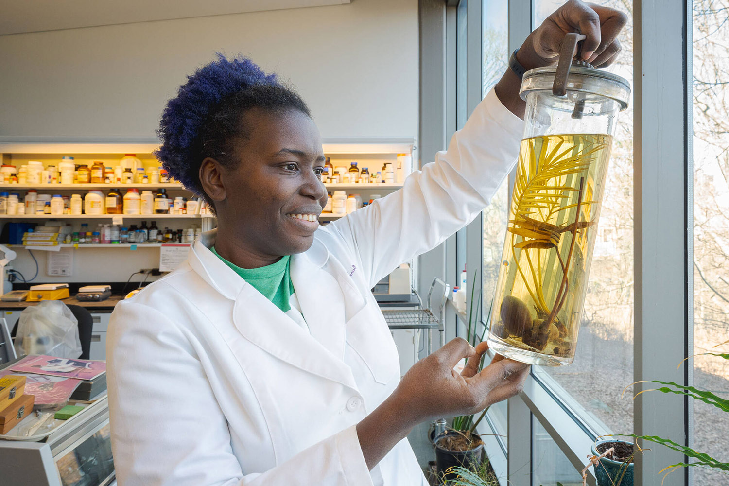 A person in a lab coat examines a jar of pickled plants