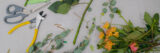 An arrangement of scissors, knives, and floral elements laid out on a table